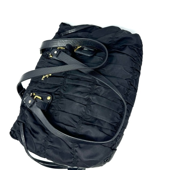 Prada Tessuto Gaufre Nylon Black Satchel Bag – Pleated, Leather Trim - Picture 3 of 13